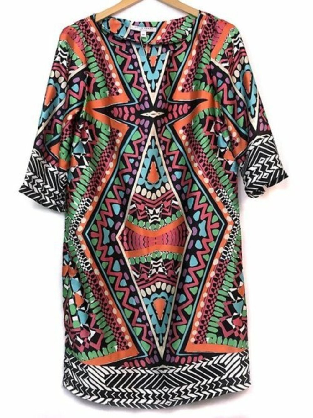 NEW NWT ALEXIA ADMOR 3/4 Sleeve Chemise Dress Pink Blue Orange Aztec Boho Slip M - Picture 2 of 10